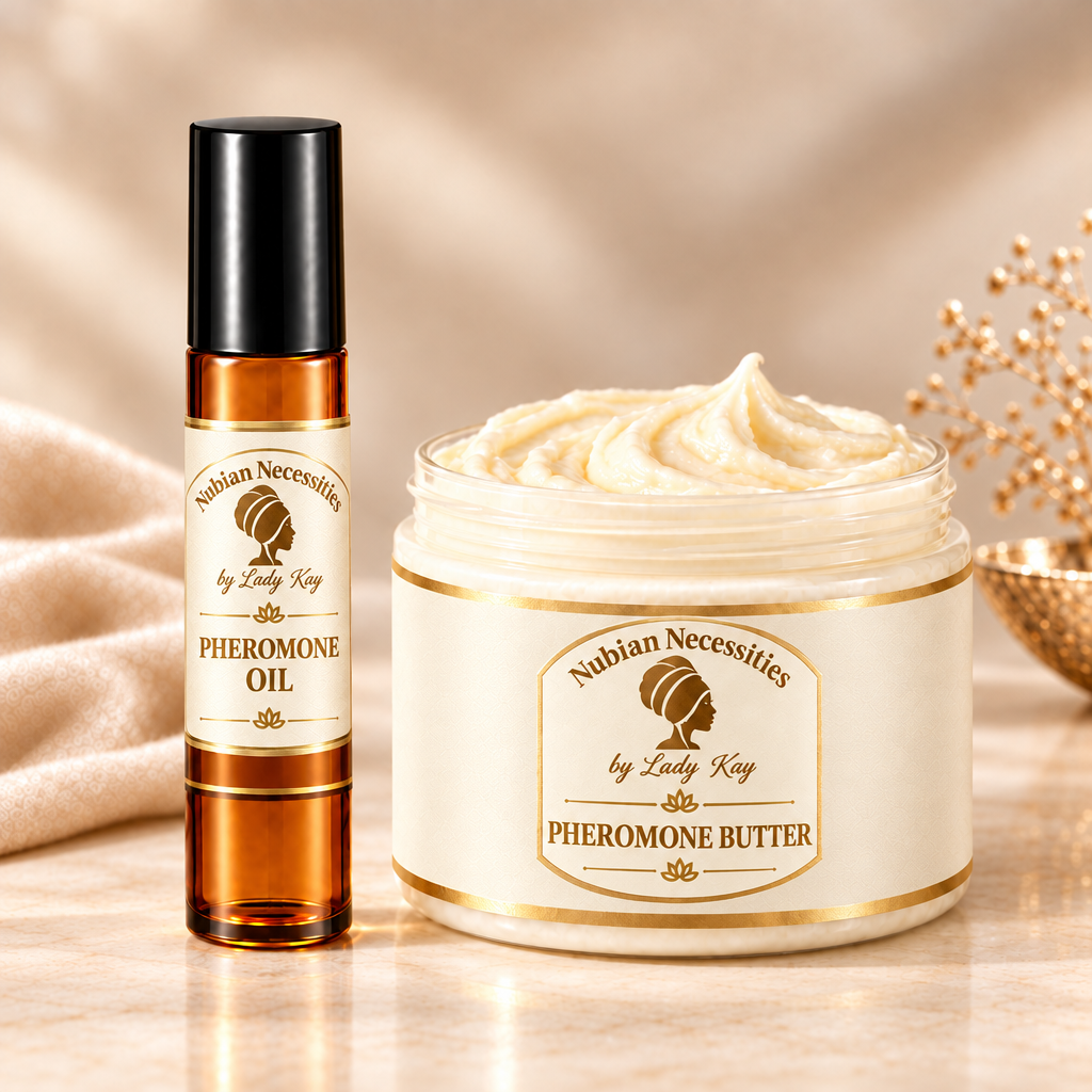 Pheromone Oil & Butter Combo with ivory-and-gold labels, amber oil bottle with black cap, and ivory butter jar