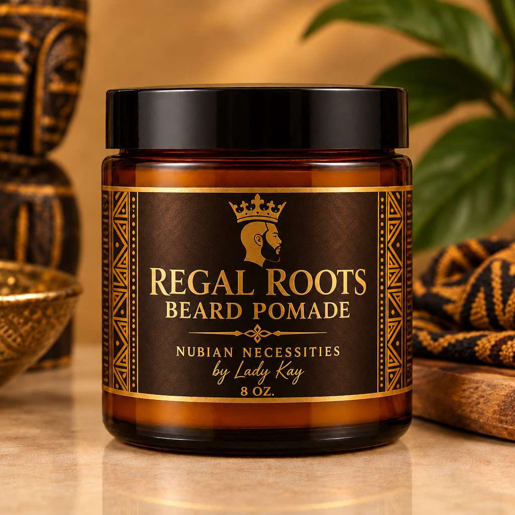 Regal Roots Beard Pomade label with Nubian Necessities by Lady Kay branding and logo