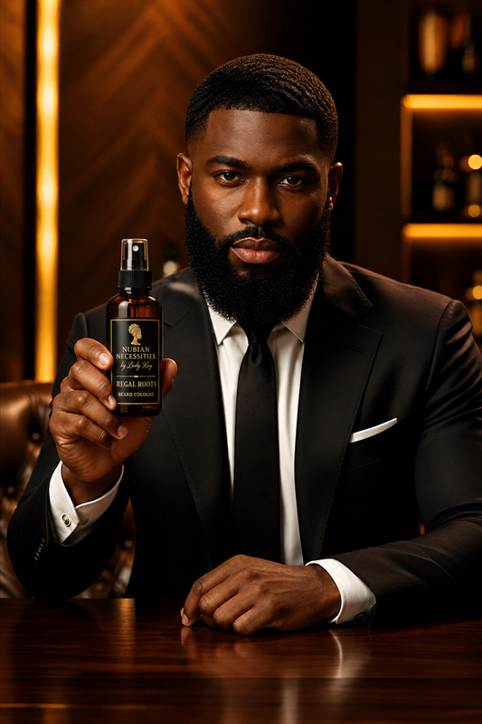 Bearded man in a suit holding a Regal Roots Beard Cologne bottle with a black and gold Nubian Necessities label