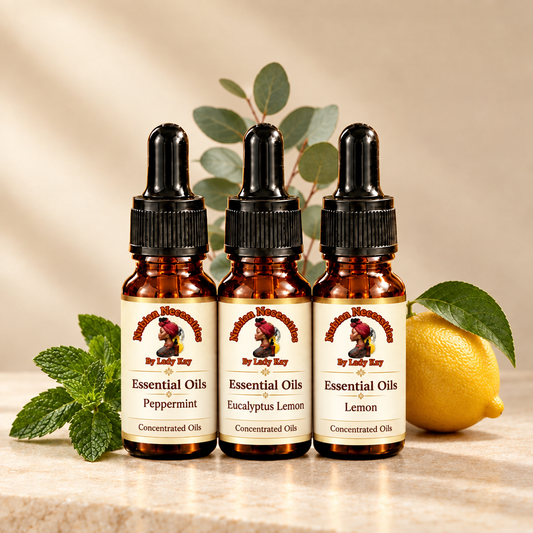 Essential Oils bottles with matching logo and soft-vanilla labels