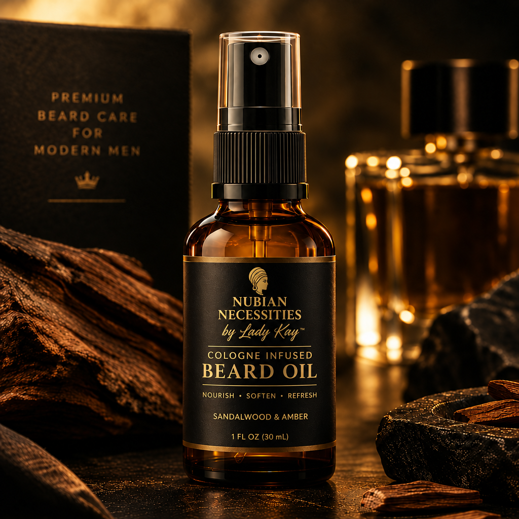 Premium Cologne Infused Beard Oil featuring the Nubian Necessities by Lady Kay logo
