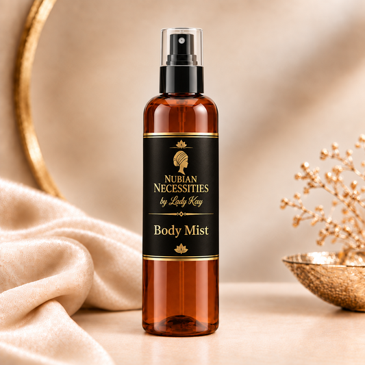 Fragrance Oil Infused Body Mist featuring the Nubian Necessities by Lady Kay logo