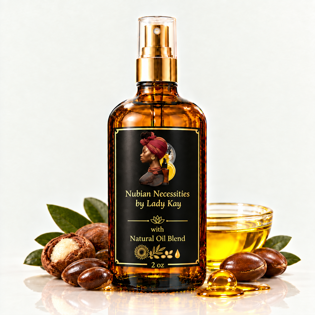 Amber 2 oz spray bottle with Nubian Necessities by Lady Kay logo and a black-and-gold natural oil blend label, typography sized to match the Beard Lotion label