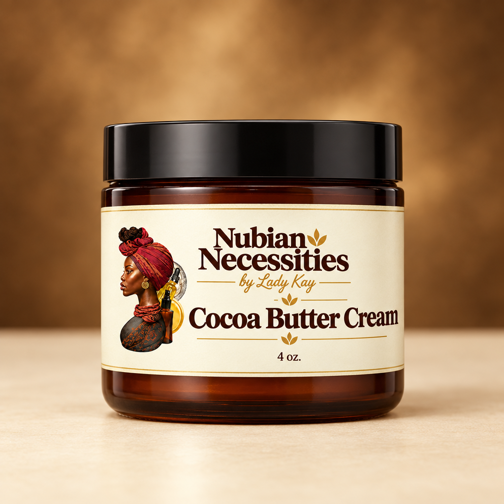 Cocoa Butter Cream 4 oz in a dark amber jar with an ivory label and black lid