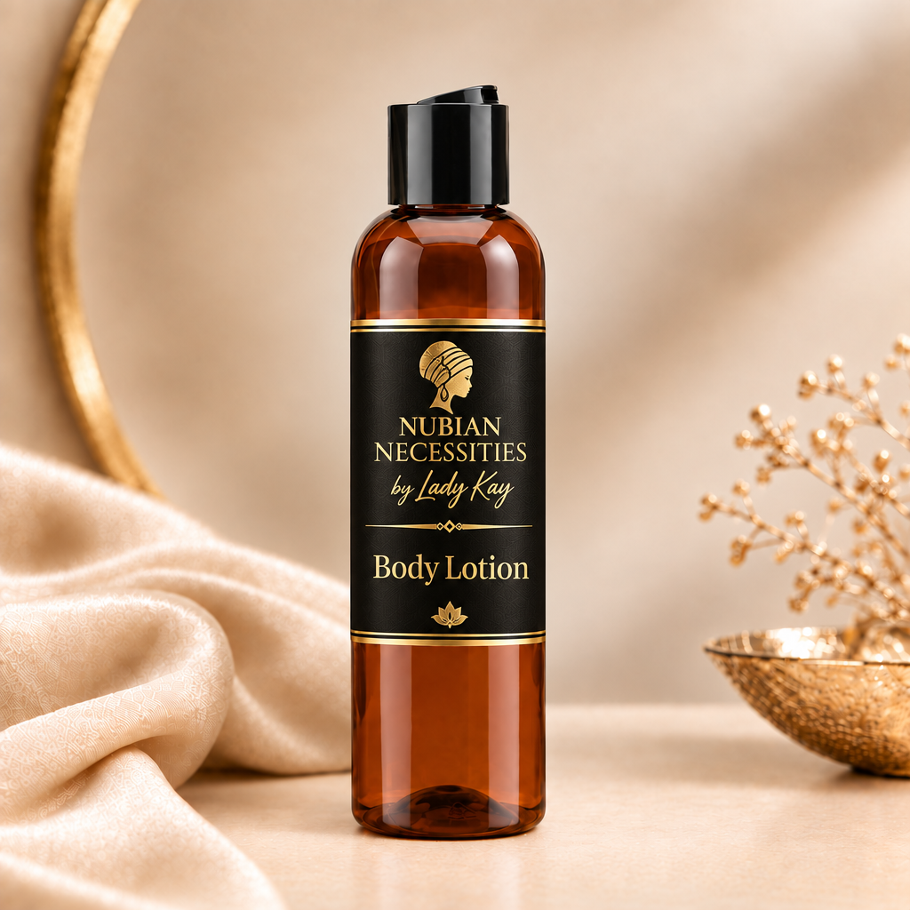Fragrance Oil Infused Lotion featuring the Nubian Necessities by Lady Kay logo