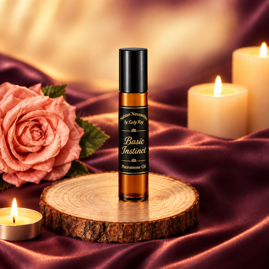 Amber Basic Instinct pheromone oil bottle with a black and gold Nubian Necessities label on a warm still-life background