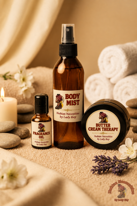 Nubian Necessities Serenity Trio Set: body mist, fragrance oil roll-on, and butter cream therapy jar in a warm spa setting