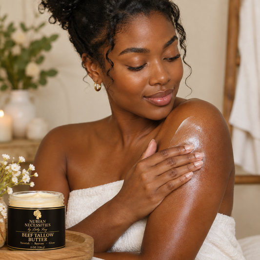Nubian Necessities Beef Tallow Body Butter jar with black and gold label beside a woman applying body butter