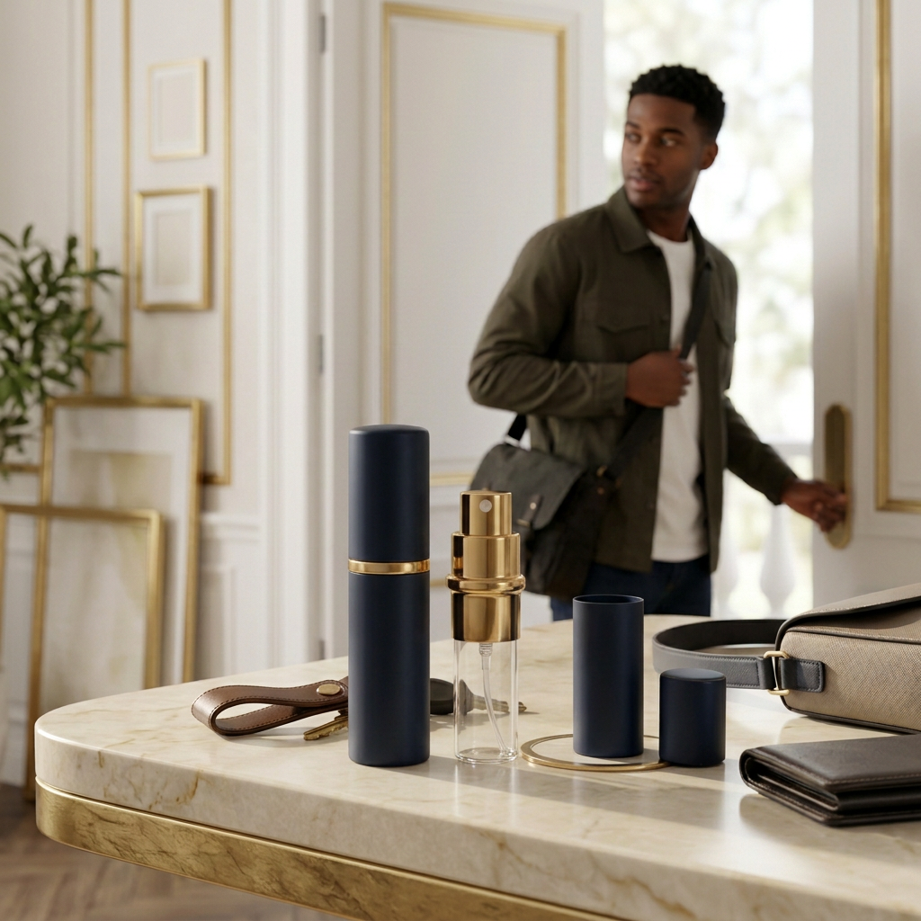 On-the-go lifestyle scene with the fragrance bottle’s separate components