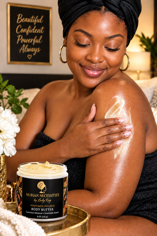 Queen Perfumed Infused Body Butter jar with warm pale yellow shea butter matching the King jar