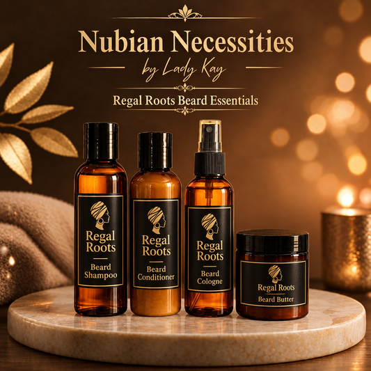 Regal Roots Beard Essentials kit with black and gold labels on four amber products in a warm bokeh setting