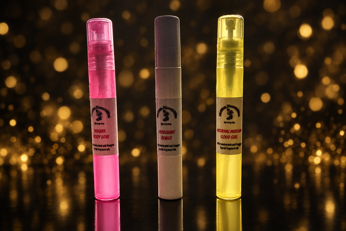 Three fragrance spray bottles on a black and gold background