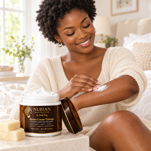 Woman with short natural hair applying Butter Cream Therapy by a bright window, white beeswax jar in foreground